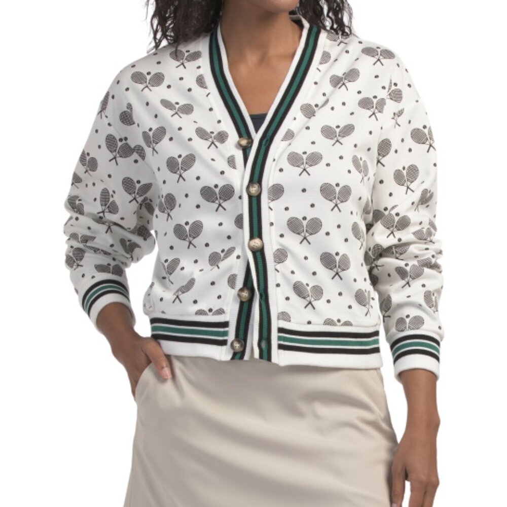 Tennis Racquet Cardigan White Preppy Oversized Small, Wimbledon Colors NWT